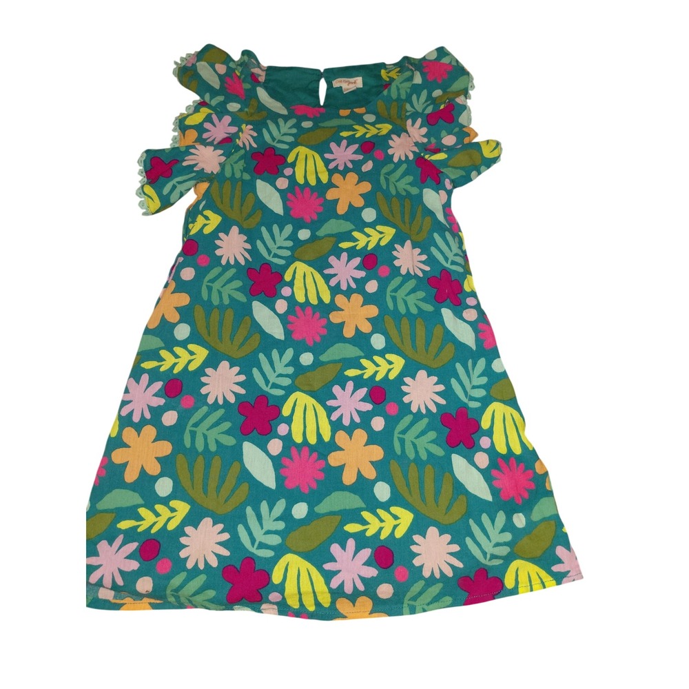Cat & Jack Girls Teal Floral Flutter Sleeve Dress Pom Pom Trim Size S 6/6X